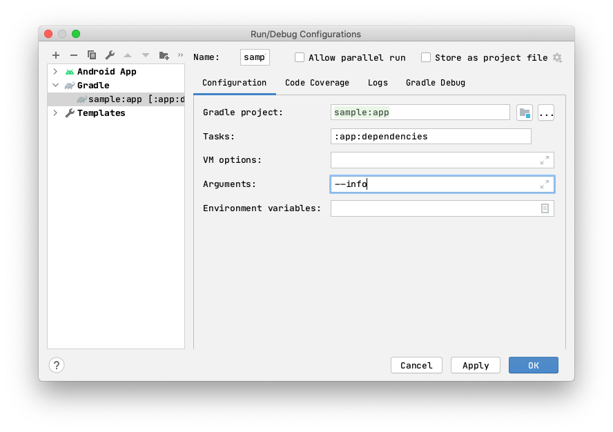 Figure 1.5.2: Run/Debug configurations for Gradle commands