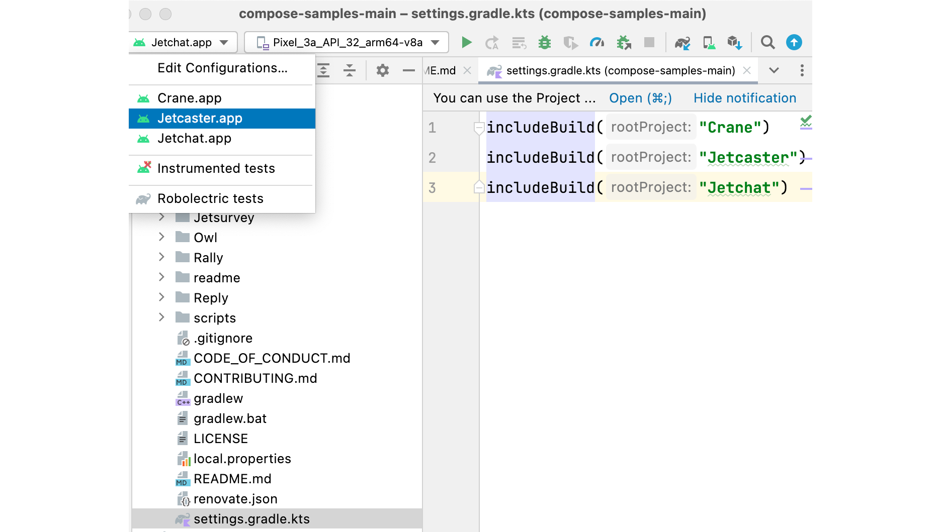 Figure 2.1.2: Using includeBuild(...) in the compose-samples project